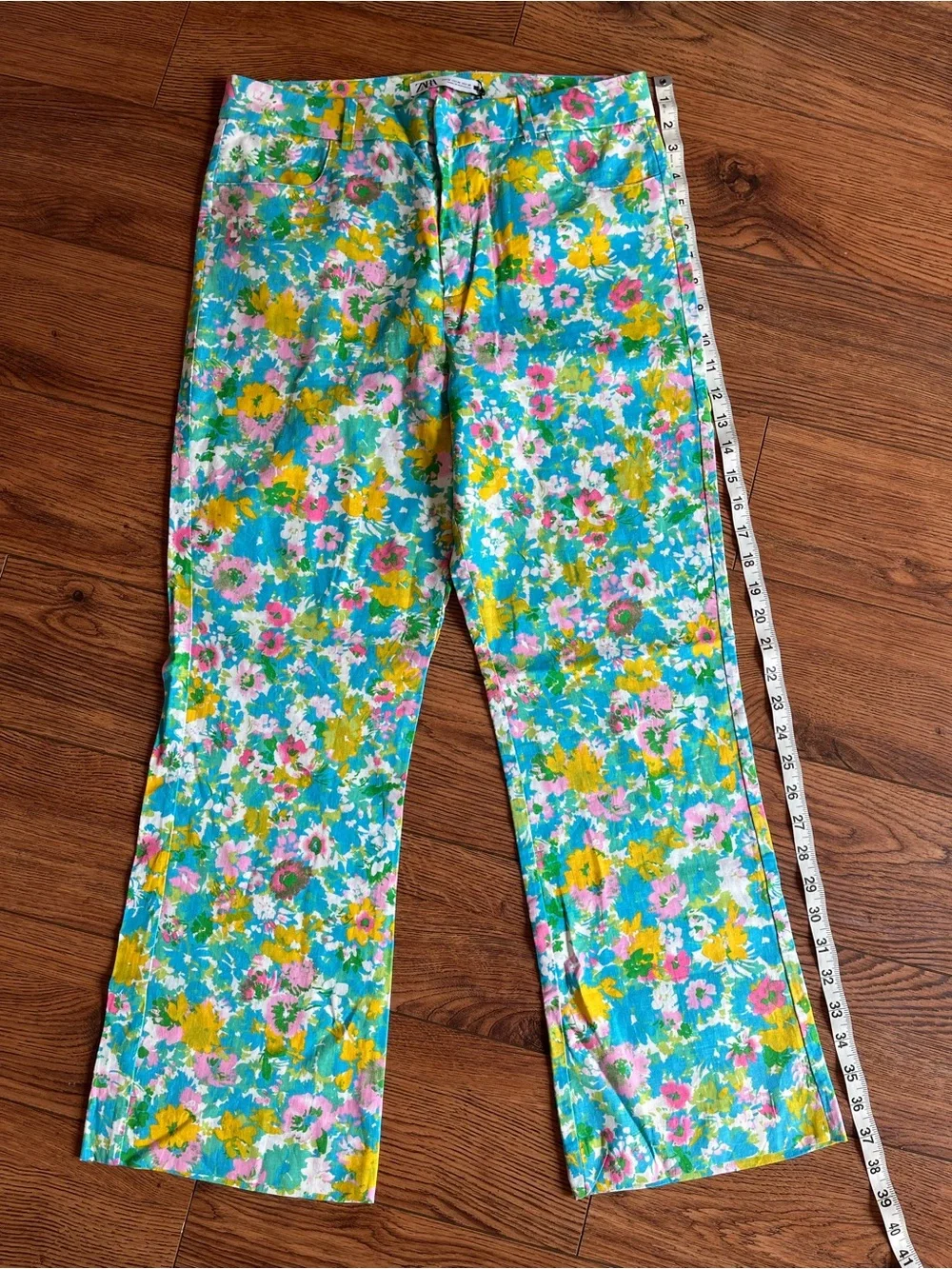 Zara Turquoise Floral linen-blend pants with Pink & Yellow Accents
